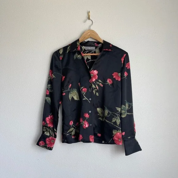 Vintage 90s Kate Hill Petite 100% Silk Floral Print Long Sleeve Blouse - Picture 2 of 9